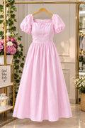 pink  Cotton Square Neck Puff Sleeve Flared Dress