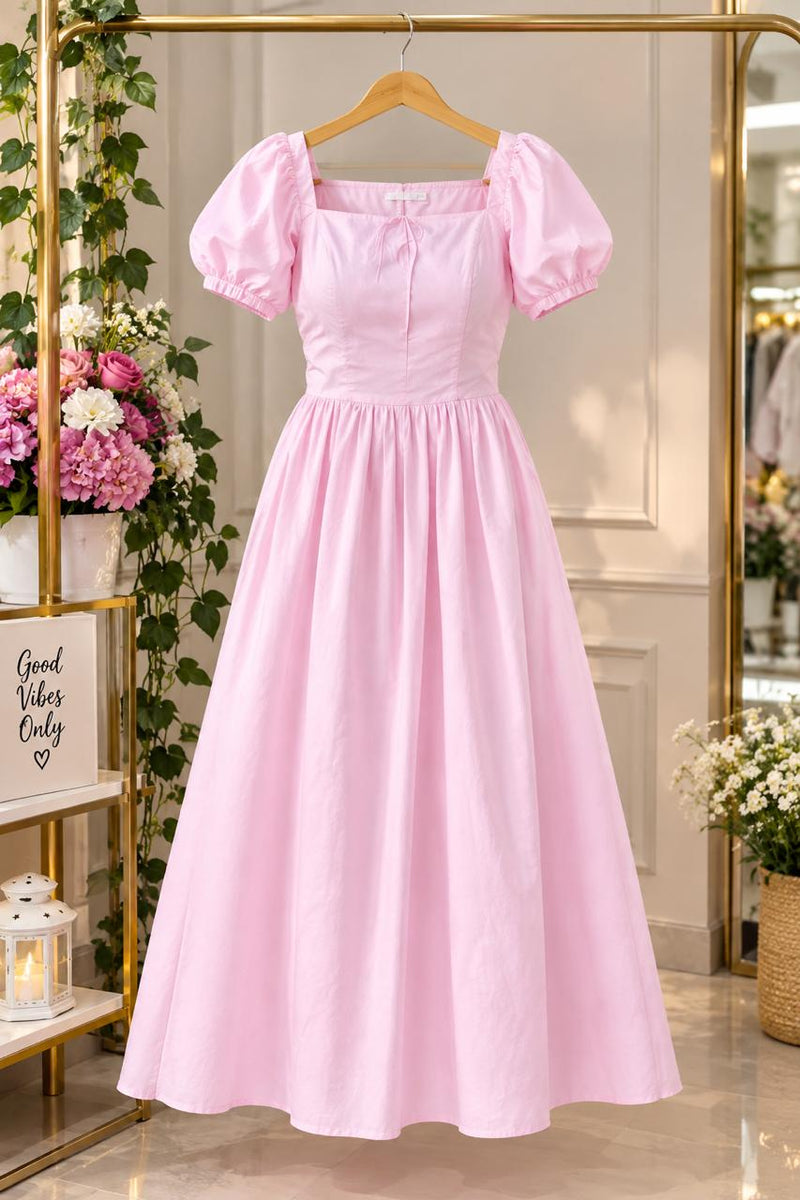 pink  Cotton Square Neck Puff Sleeve Flared Dress
