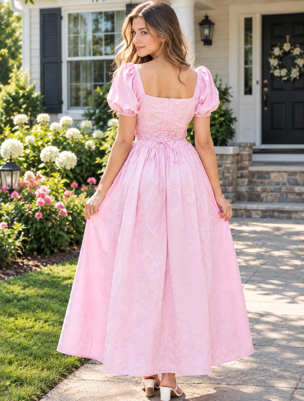 pink  Cotton Square Neck Puff Sleeve Flared Dress