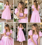 pink  Cotton Square Neck Puff Sleeve Flared Dress