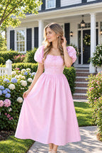 pink  Cotton Square Neck Puff Sleeve Flared Dress