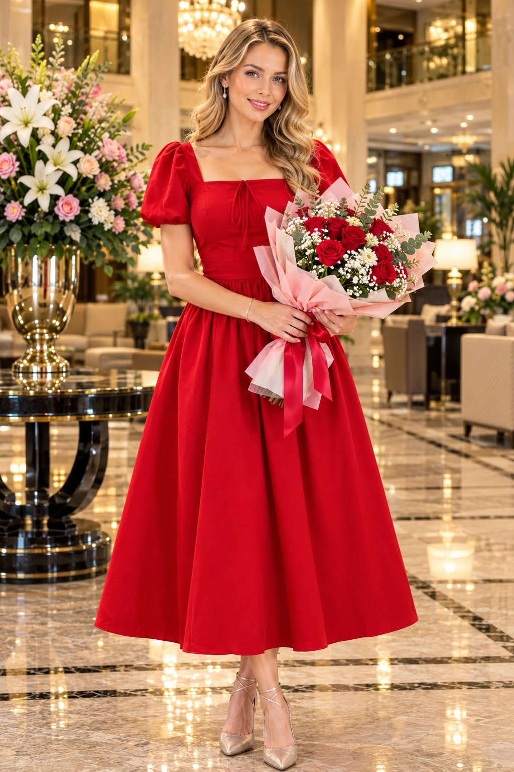Red Cotton  Square Neck Puff Sleeve Flared Dress