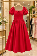 Red Cotton  Square Neck Puff Sleeve Flared Dress