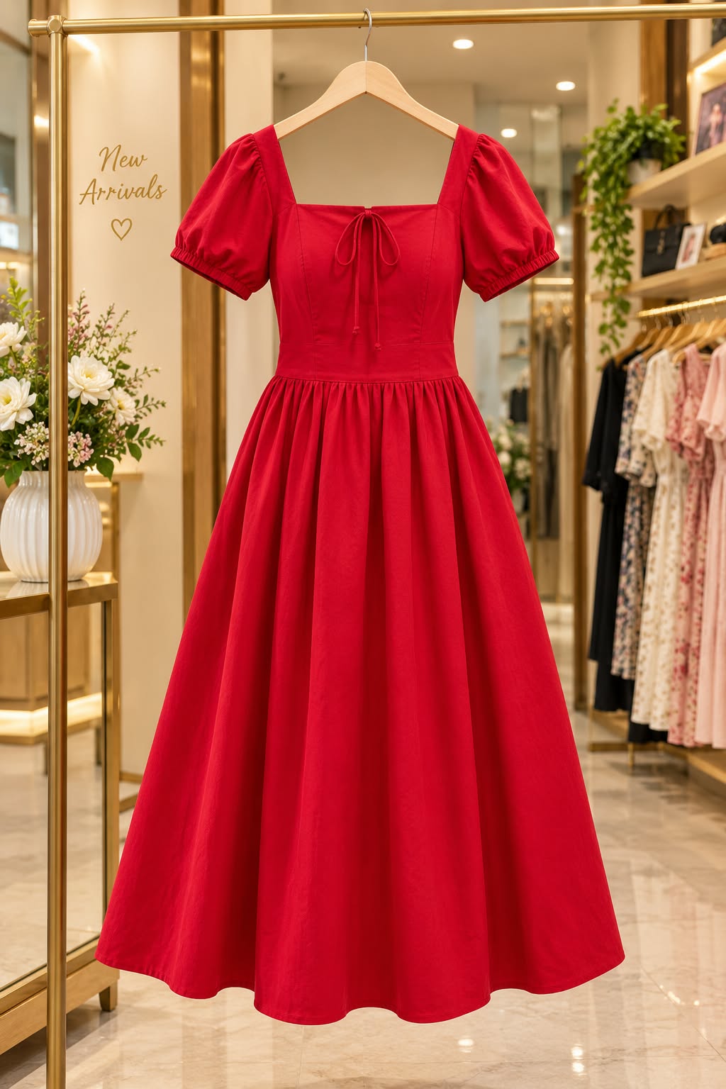 Red Cotton  Square Neck Puff Sleeve Flared Dress