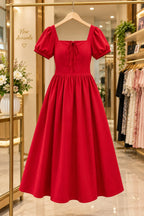 Red Cotton  Square Neck Puff Sleeve Flared Dress