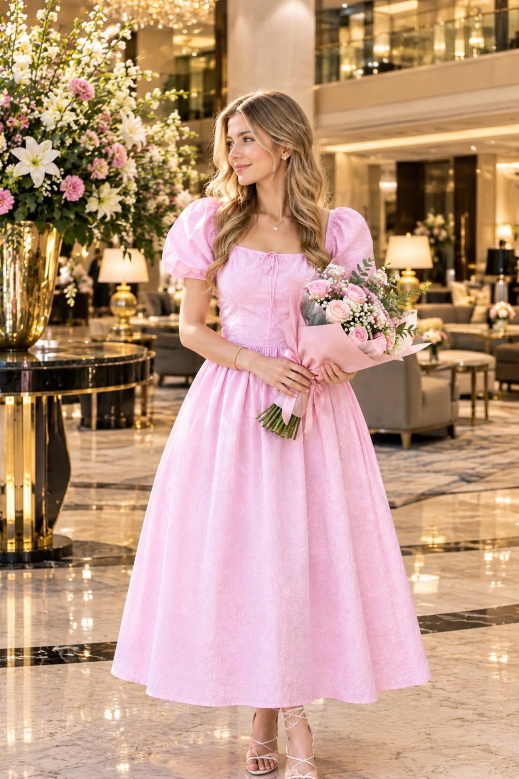 pink  Cotton Square Neck Puff Sleeve Flared Dress