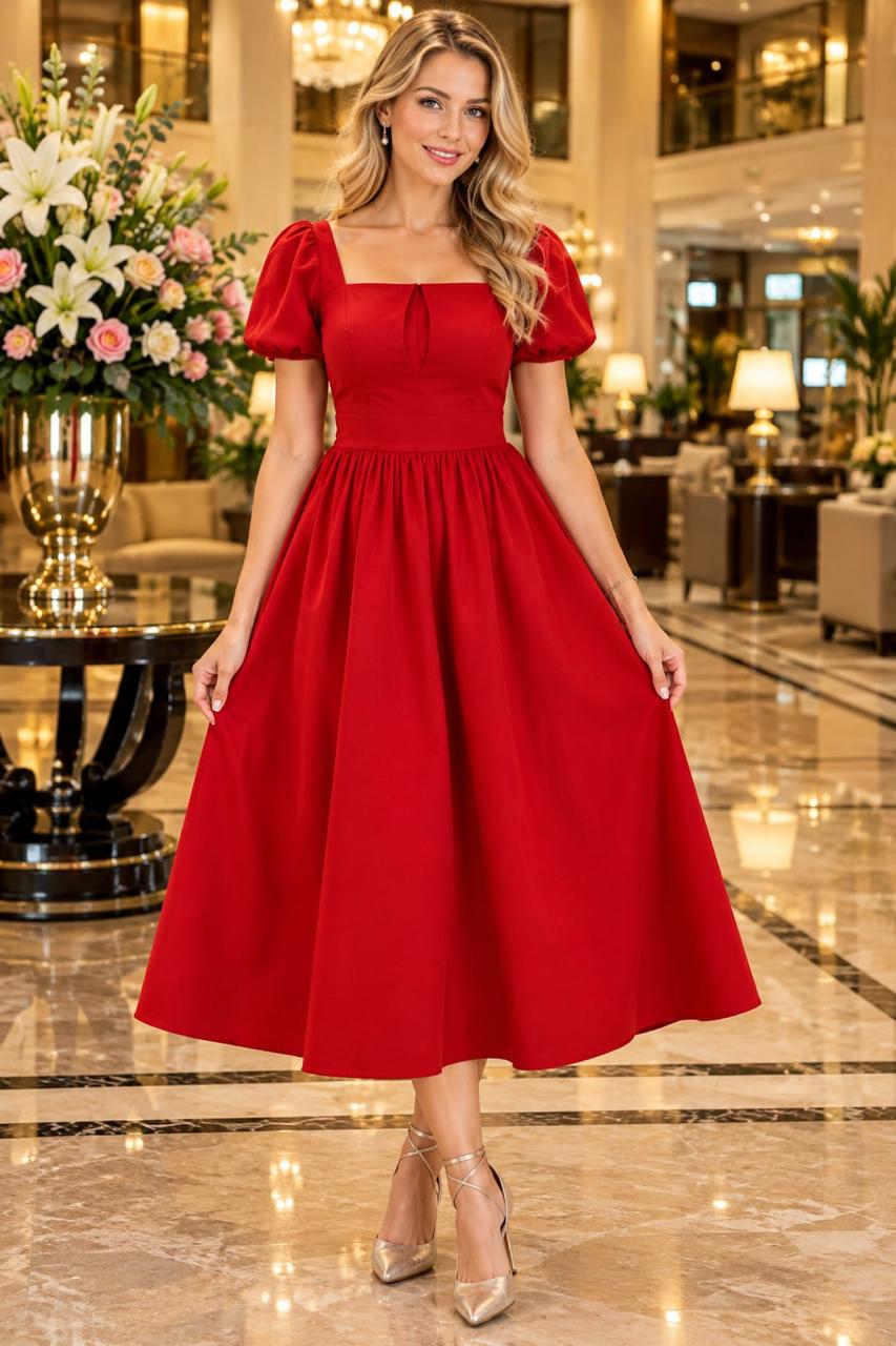 Red Cotton  Square Neck Puff Sleeve Flared Dress