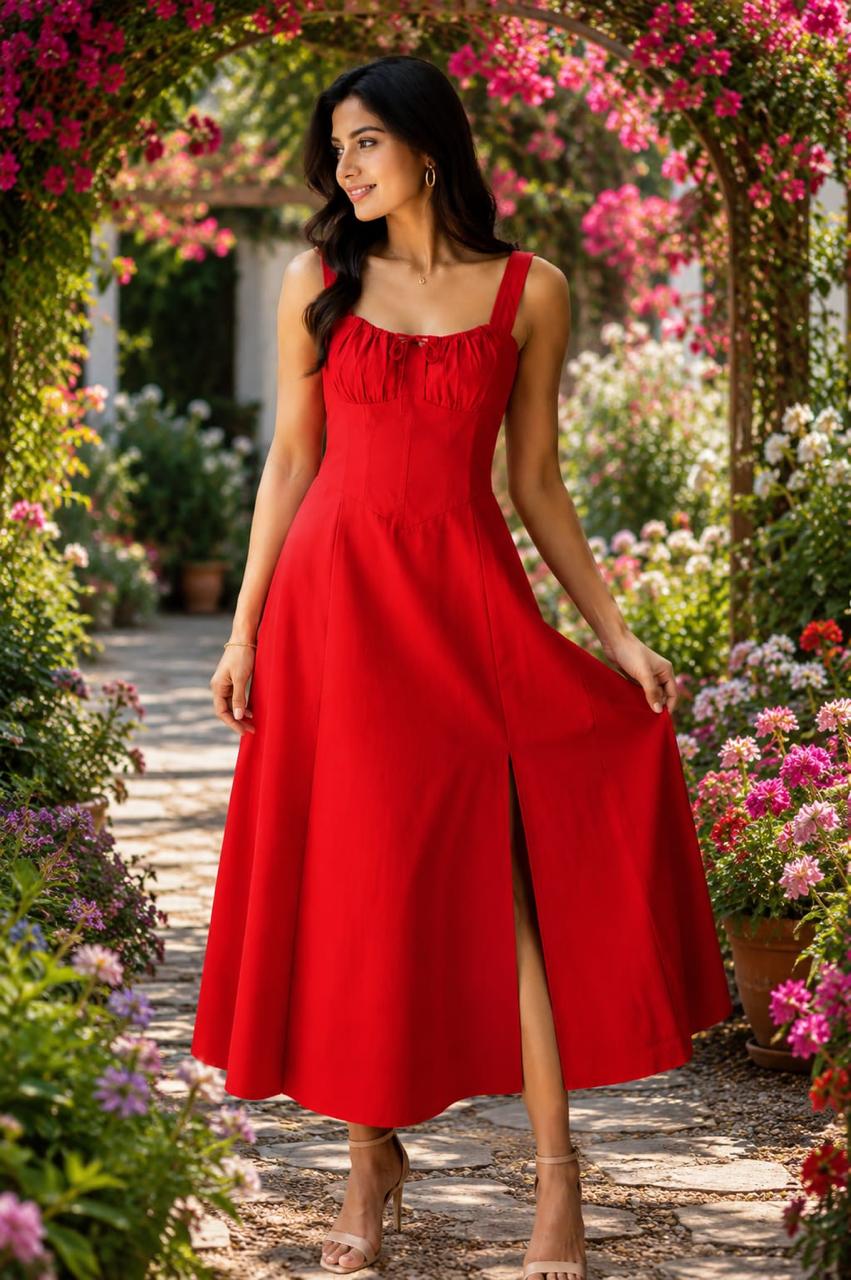 Solid Red Cotton Midi Dress for Women