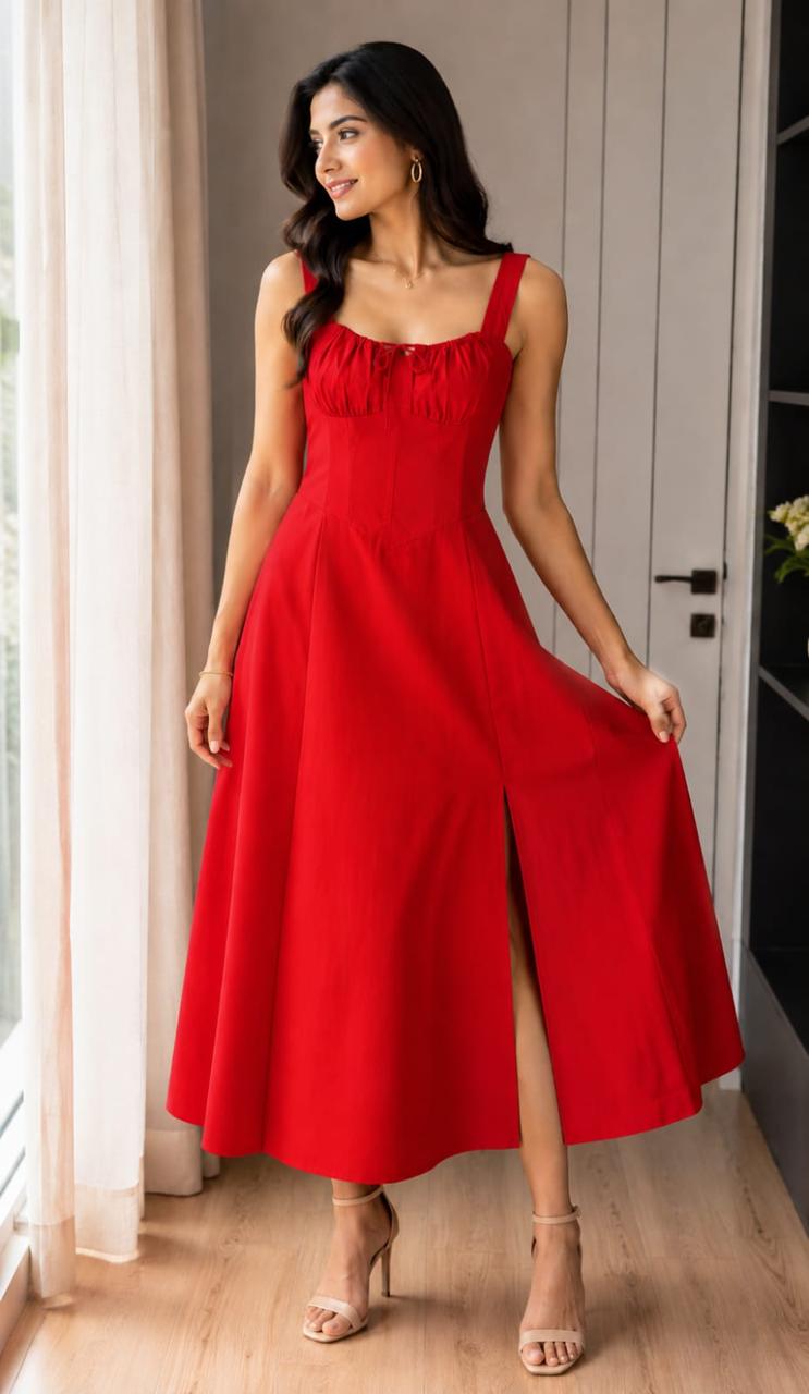 Solid Red Cotton Midi Dress for Women