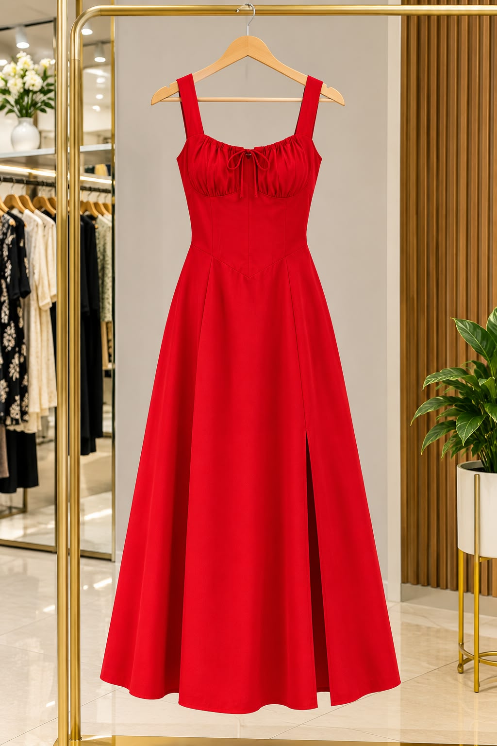 Solid Red Cotton Midi Dress for Women