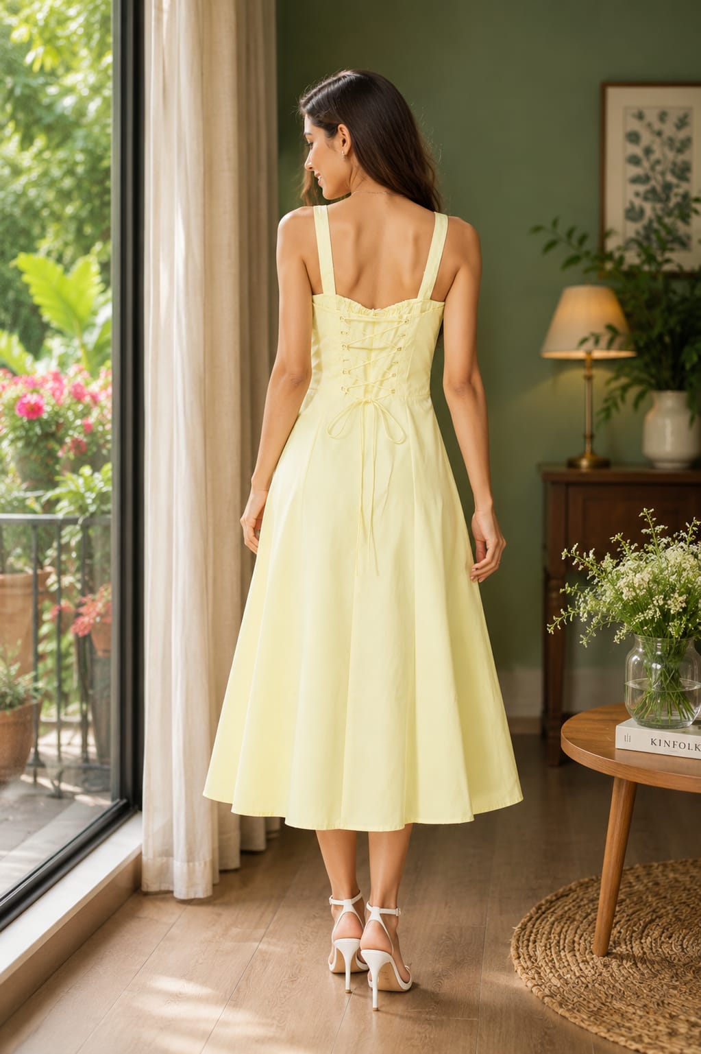 Soft Pastel Yellow Cotton Midi Dress for Women