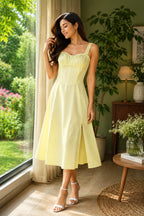 Soft Pastel Yellow Cotton Midi Dress for Women
