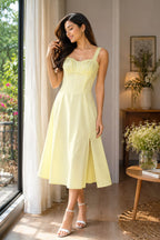 Soft Pastel Yellow Cotton Midi Dress for Women