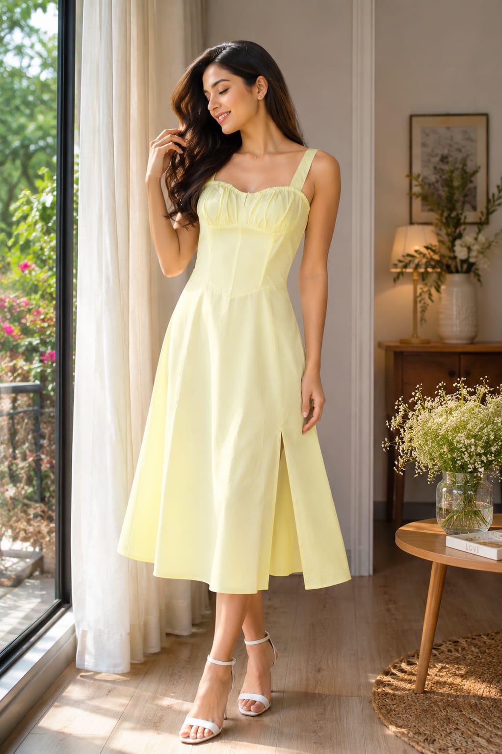 Soft Pastel Yellow Cotton Midi Dress for Women