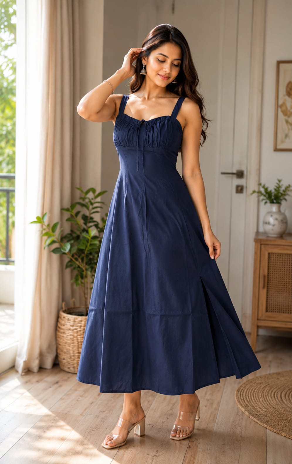 Navy Blue Cotton Midi Dress for Women