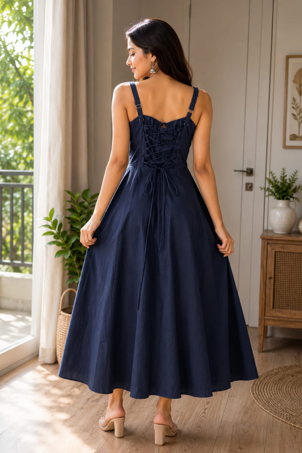 Navy Blue Cotton Midi Dress for Women