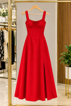 Solid Red Cotton Midi Dress for Women