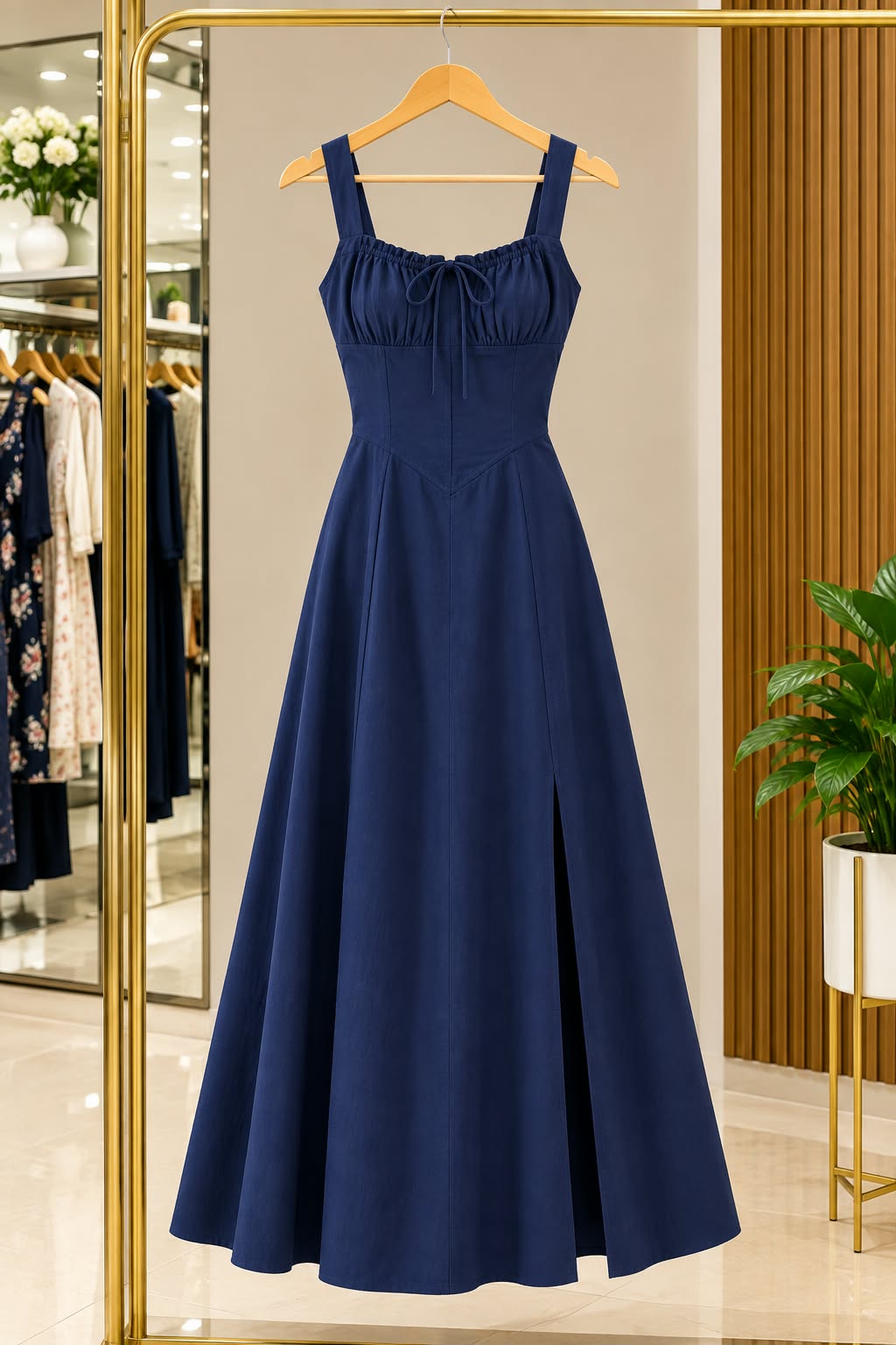 Navy Blue Cotton Midi Dress for Women