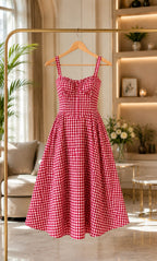 Red Gingham Check Cotton Midi Dress
