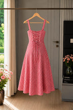 Red Gingham Check Cotton Midi Dress