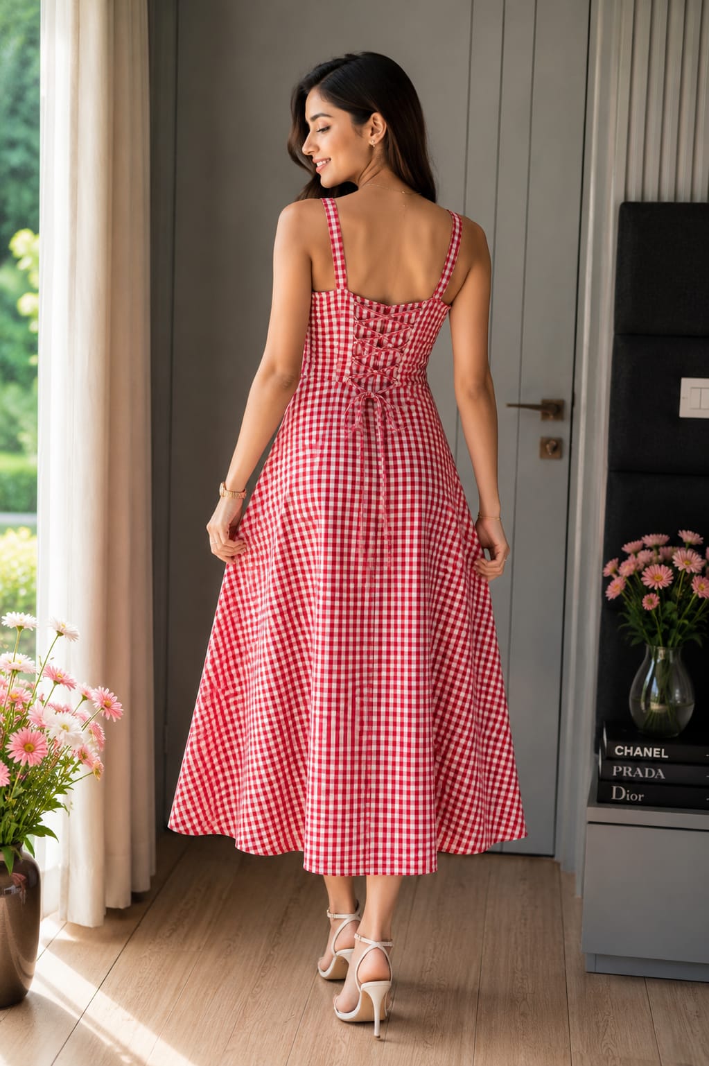 Red Gingham Check Cotton Midi Dress