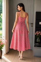Red Gingham Check Cotton Midi Dress