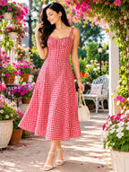 Red Gingham Check Cotton Midi Dress