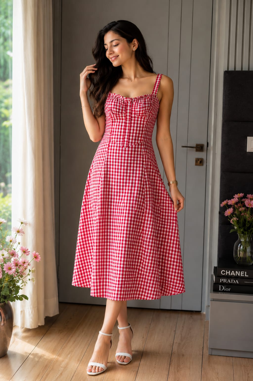 Red Gingham Check Cotton Midi Dress