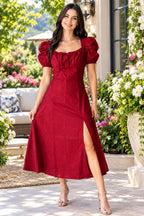 Wine Red Cotton  Puff Sleeve Ruched Bust Flared Dress with Front Slit