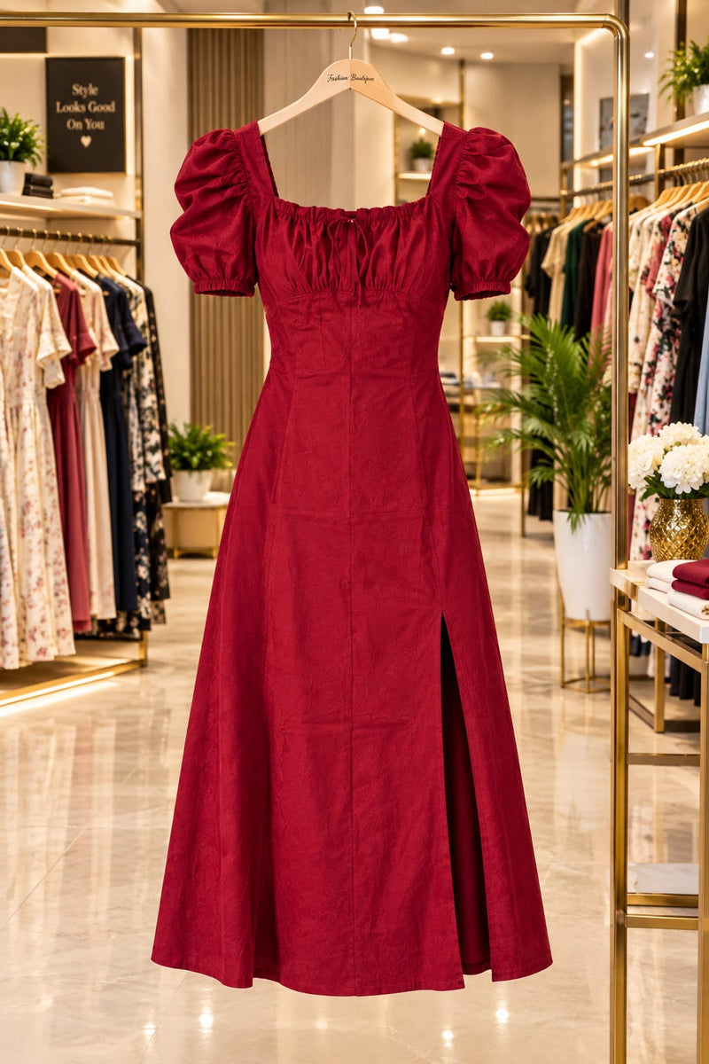 Wine Red Cotton  Puff Sleeve Ruched Bust Flared Dress with Front Slit
