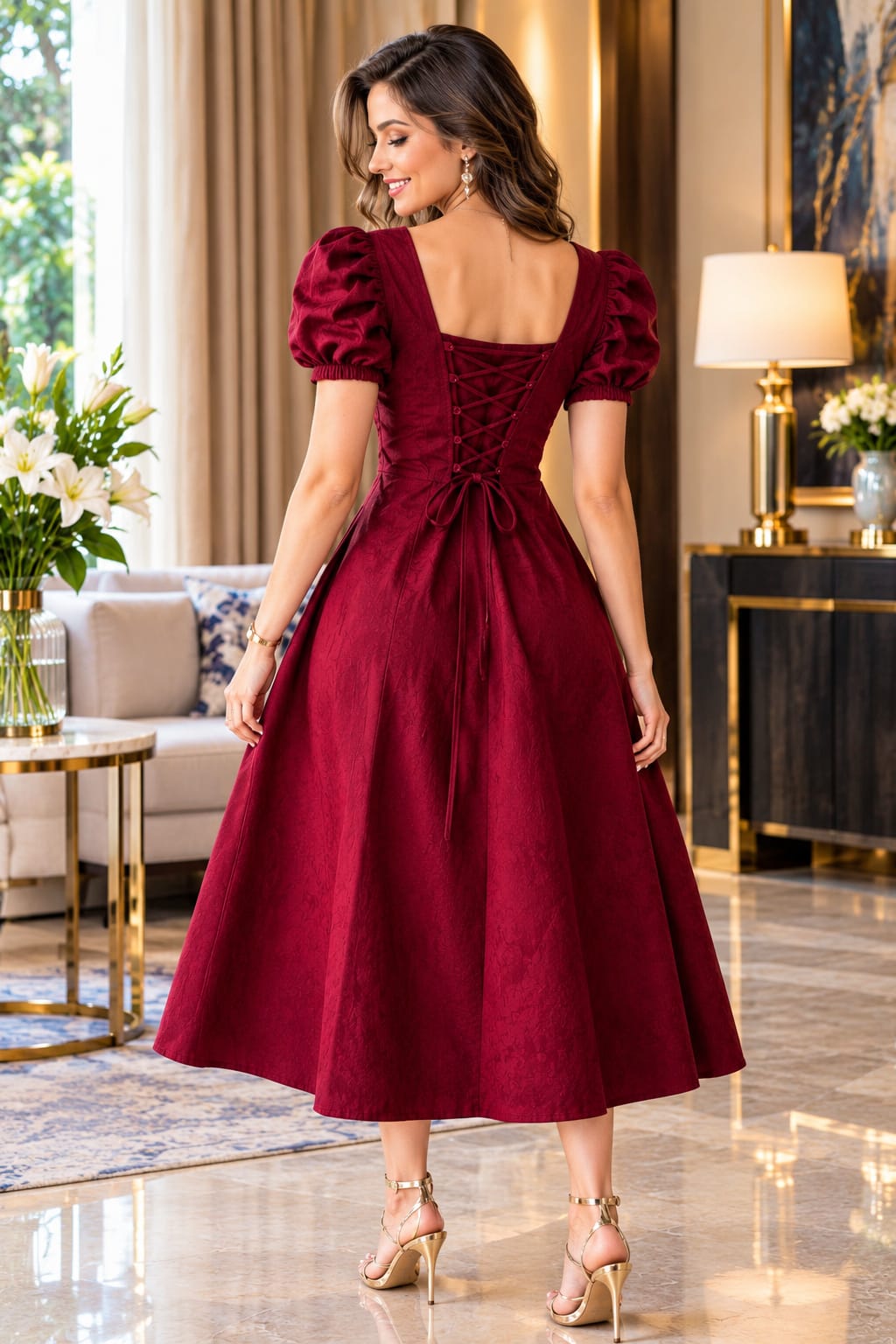 Wine Red Cotton  Puff Sleeve Ruched Bust Flared Dress with Front Slit