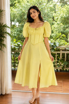 yellow Puff Sleeve Ruched Bust Lace-Up Back Flared Dress