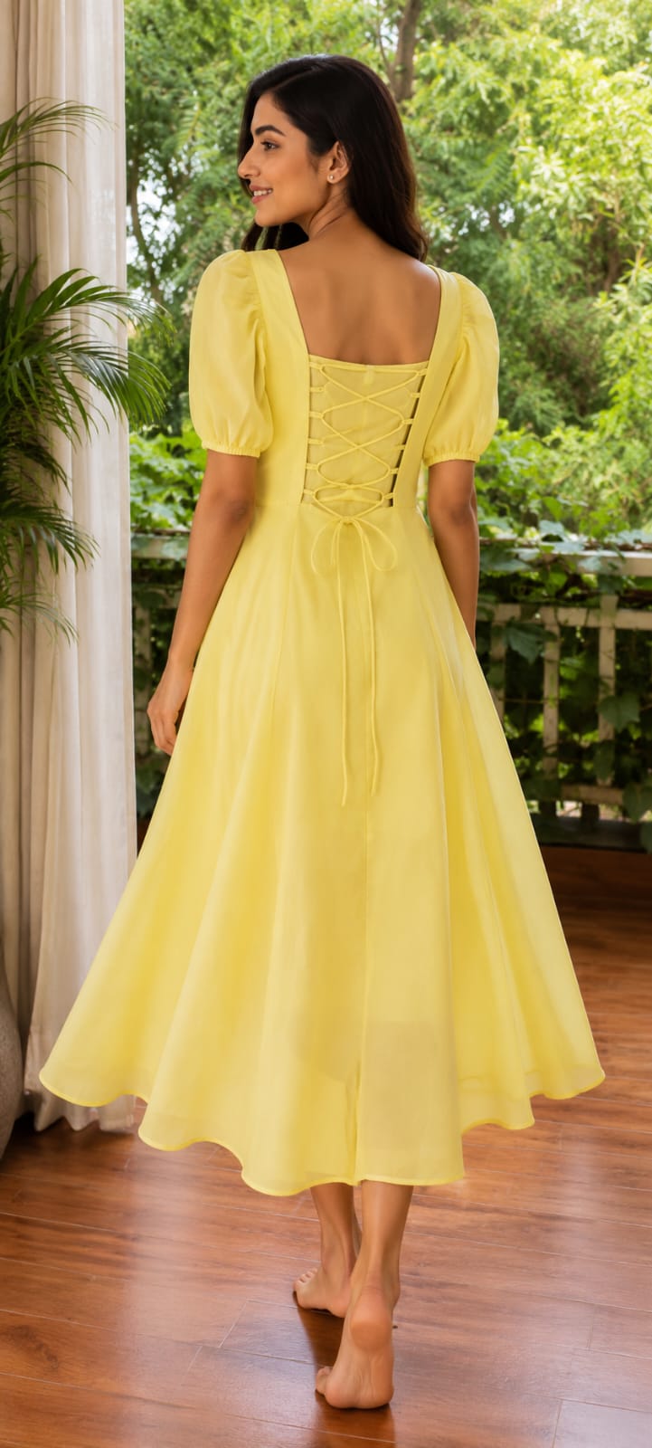 yellow Puff Sleeve Ruched Bust Lace-Up Back Flared Dress