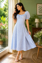 Red Cotton Midi Dress for Women, Puff Sleeve Ruched Bust Lace-Up Back Flared Dress