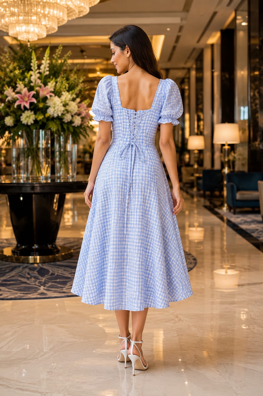 Pastel Powder Blue Puff Sleeve Ruched Bust Lace-Up Back Flared Dress