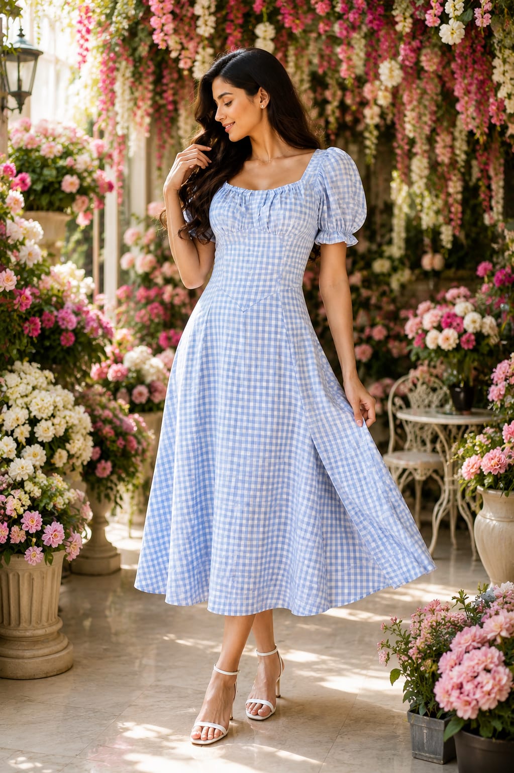 Pastel Powder Blue Puff Sleeve Ruched Bust Lace-Up Back Flared Dress