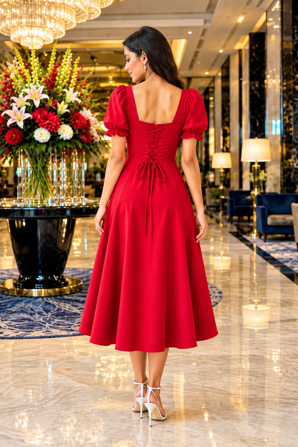 Red Cotton Midi Dress for Women, Puff Sleeve Ruched Bust Lace-Up Back Flared Dress