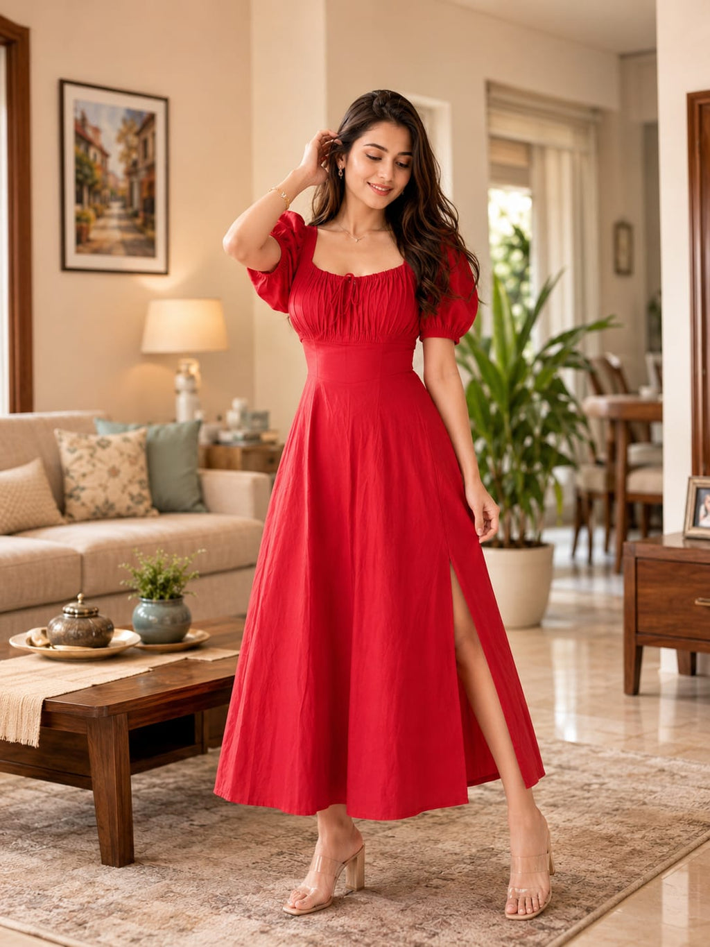 Red Cotton Midi Dress for Women, Puff Sleeve Ruched Bust Lace-Up Back Flared Dress