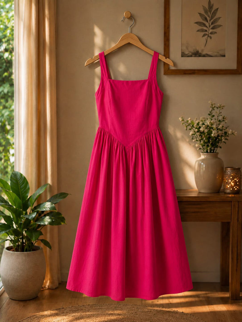 Hot Pink Cotton  Halter Neck Backless Flared Dress