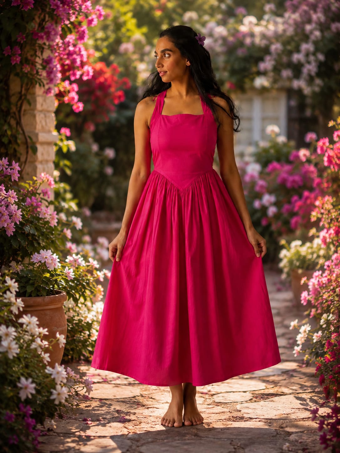 Hot Pink Cotton  Halter Neck Backless Flared Dress