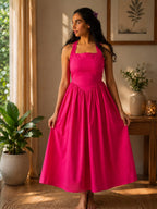 Hot Pink Cotton  Halter Neck Backless Flared Dress