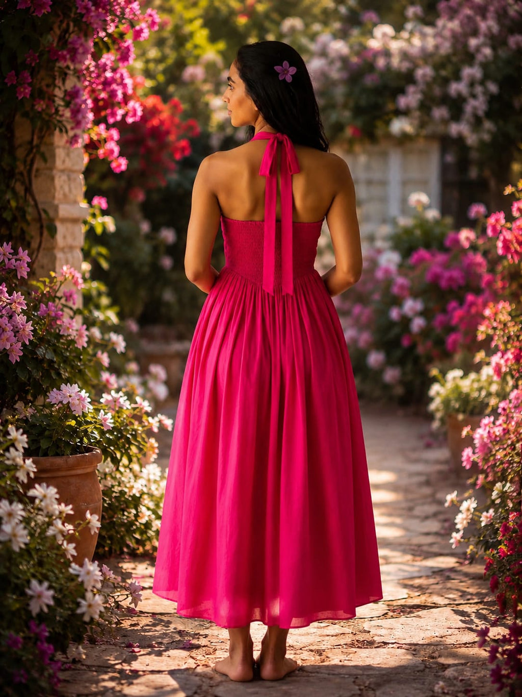 Hot Pink Cotton  Halter Neck Backless Flared Dress