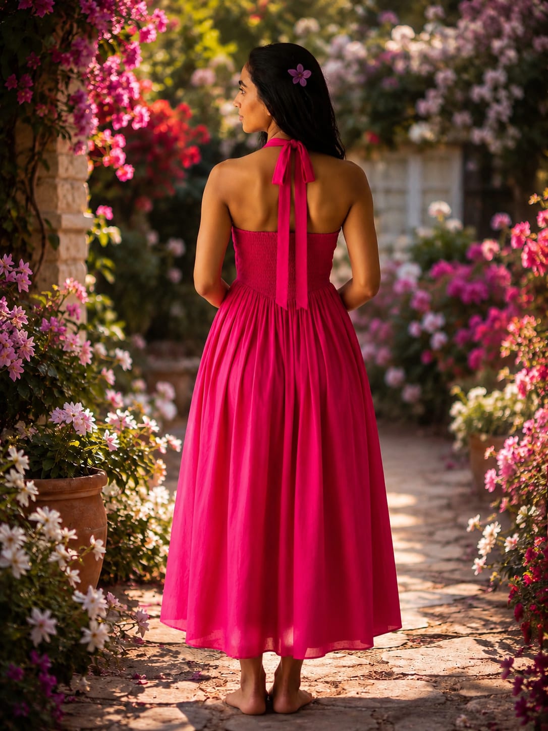 Hot Pink Cotton  Halter Neck Backless Flared Dress