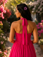 Hot Pink Cotton  Halter Neck Backless Flared Dress