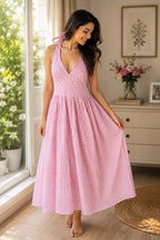Pink Gingham Check Cotton Midi Dress , Halter Neck Deep V Flared Dress