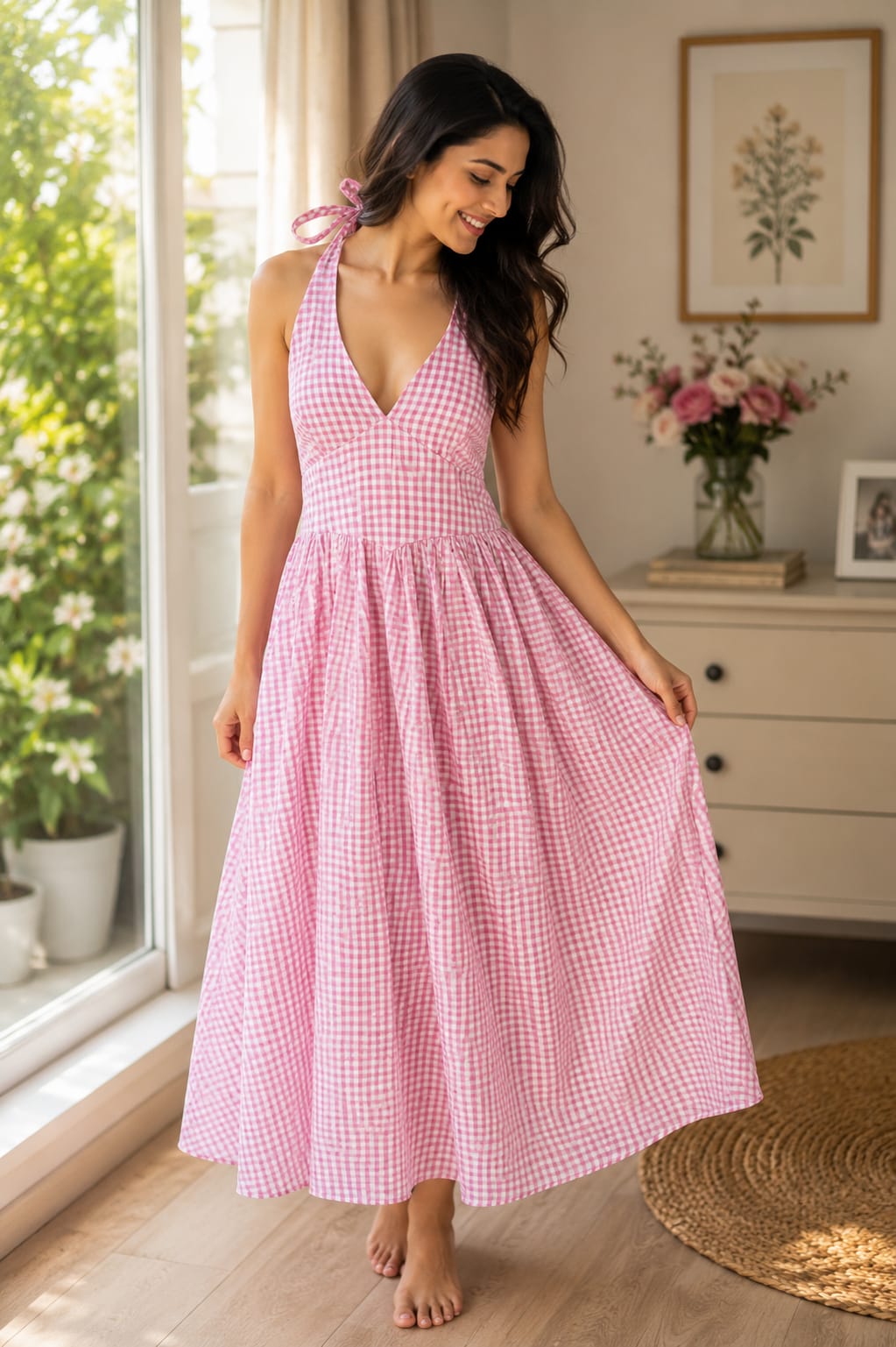 Pink Gingham Check Cotton Midi Dress , Halter Neck Deep V Flared Dress