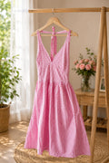 Pink Gingham Check Cotton Midi Dress , Halter Neck Deep V Flared Dress
