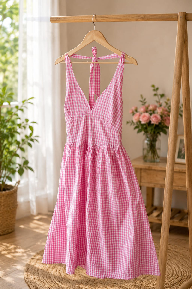 Pink Gingham Check Cotton Midi Dress , Halter Neck Deep V Flared Dress