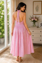 Pink Gingham Check Cotton Midi Dress , Halter Neck Deep V Flared Dress